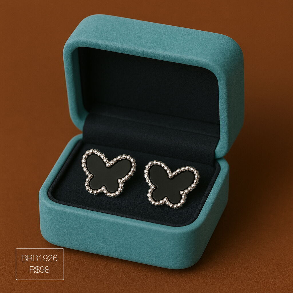 Brinco Borboleta Preto Prateado